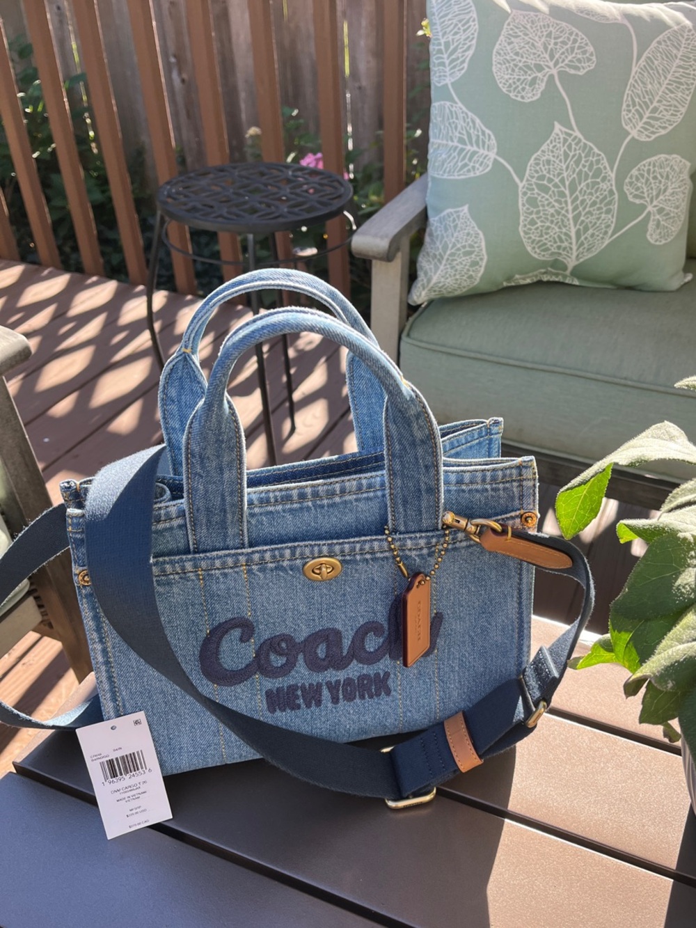 NWT Coach Denim Mini Cargo Tote 25 with Navy Logo and Strap